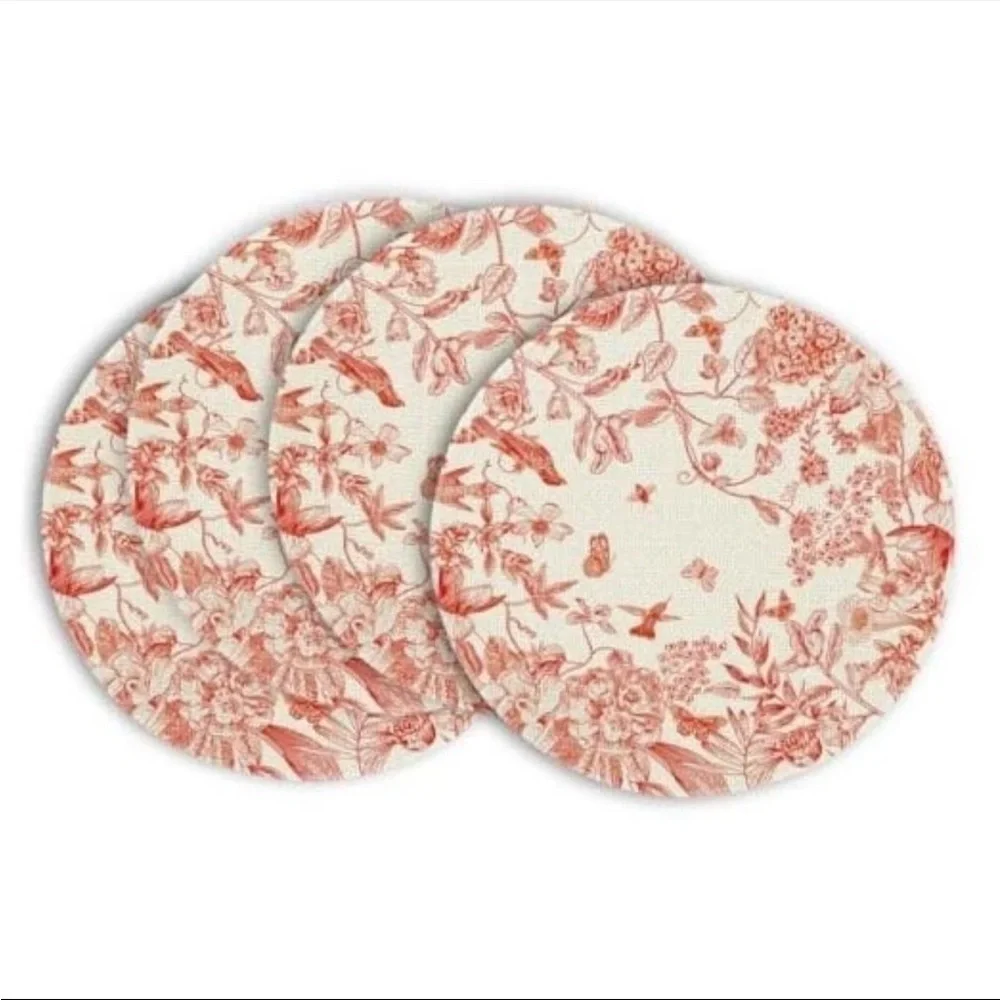 NWT Round Red Hydrangea Flowers Branches Chinoiserie Spring Placemats Set 4,14in